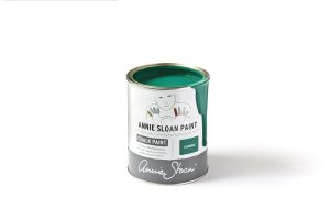 A tin of Annie Sloan Chalk Paint in a green-toned teal colour