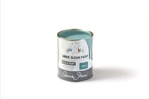 A tin of Annie Sloan Chalk Paint in a turquoise colour