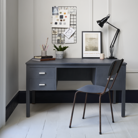 Dark grey desk painted with Annie Sloan Chalk Paint in the colour Whistler Grey.