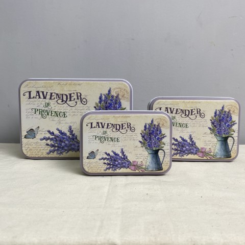 A set of 3 graduating metal tins with French Lavender design