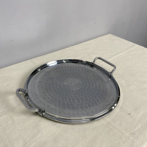 A round silver plated tray with 2 carry handles