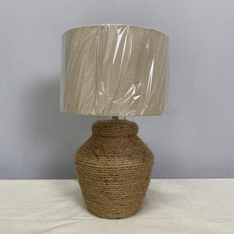 Small table lamp with cream linen shade and rope wrapped base