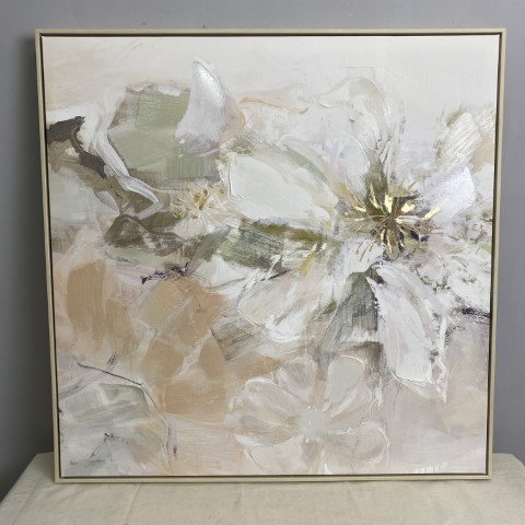 A large square pastel floral art piece in frame