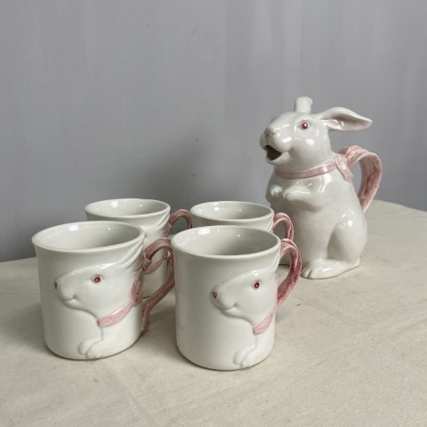 Fitz & Floyd Bunny Teapot & Mugs (set of 5)