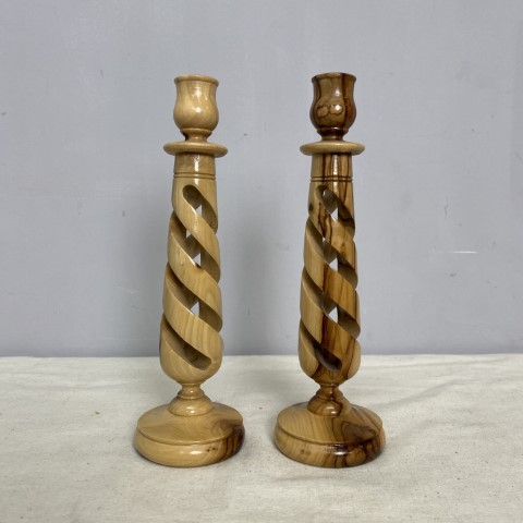 Pair of Olive Wood Turned Candle Sticks