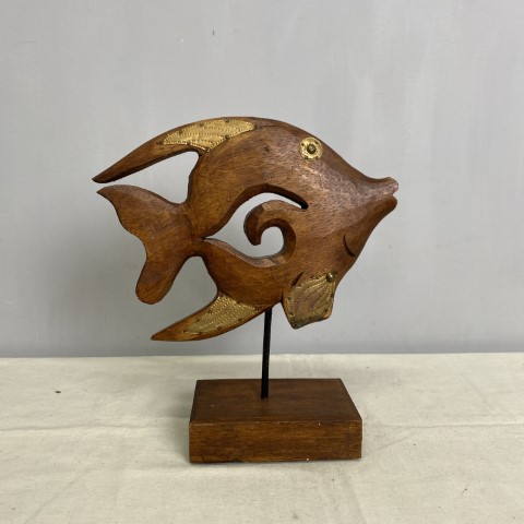 Vintage Timber Fish on Stand with Brass details