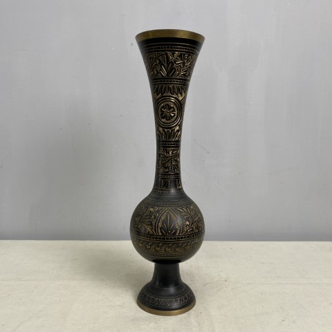 Tall Black & Brass Etched Vase