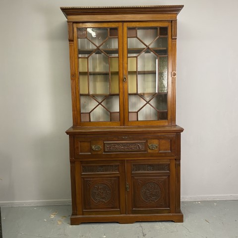 Antique Edwardian Walnut Secretaire Bookcase