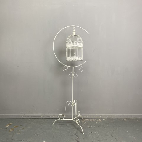 Rustic White Birdcage with Wrought Iron Stand