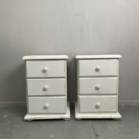 Pair of Hand-Painted Pure White 3 Drawer Bedsides Annie Sloan Chalk Paint