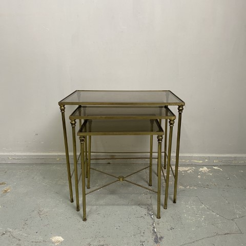 Set of 3 Nesting Brass Tables with Glass Tops