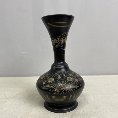 Vintage Etched Brass Vase with Floral Motif