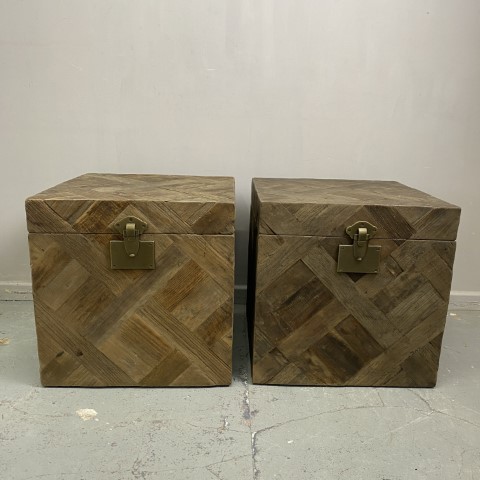 Pair of Recycled Elm Parquetry Storage Boxes or Side Tables