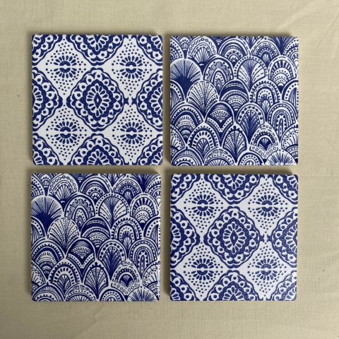 Set of 4 Blue & White Art Deco Coasters