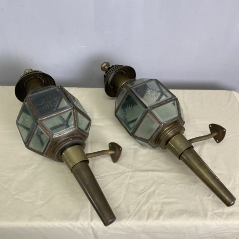 Pair of Converted Antique Brass & Glass Carriage Lanterns