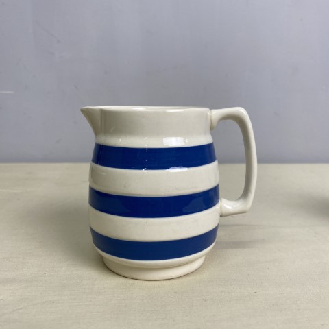 Blue & White Striped Jug - stamped staffordshire chef ware made in england