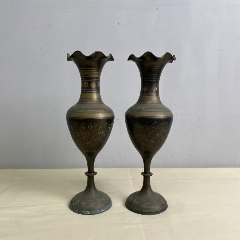 Pair of Vintage Etched Brass Vases