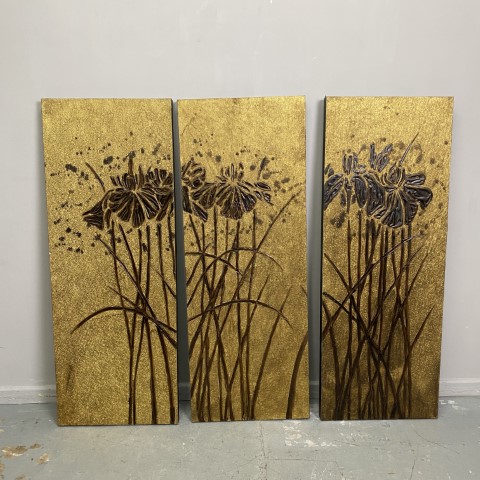 Set of 3 Tryptic Gold Floral Artworks