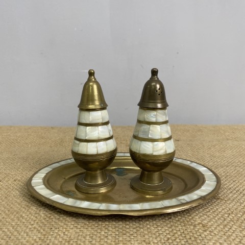 Vintage Brass & Mother of Pearl Salt & Pepper Shakers on Tray