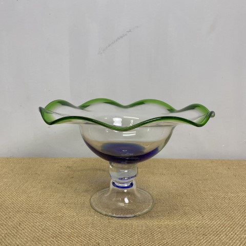 Mid-Century Green & Blue Art Glass Compote Dish