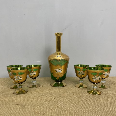 Vintage Italian Green Glass Decanter & 6 Glasses