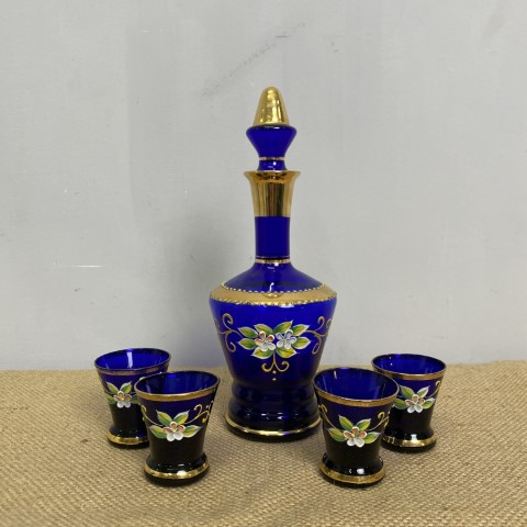 Vintage Japanese Hand-Painted Cobalt Blue Decanter & 4 Glasses