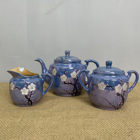 Vintage Japanese Blue Lustre Tea Pot, Sugar Bowl & Milk Jug Set