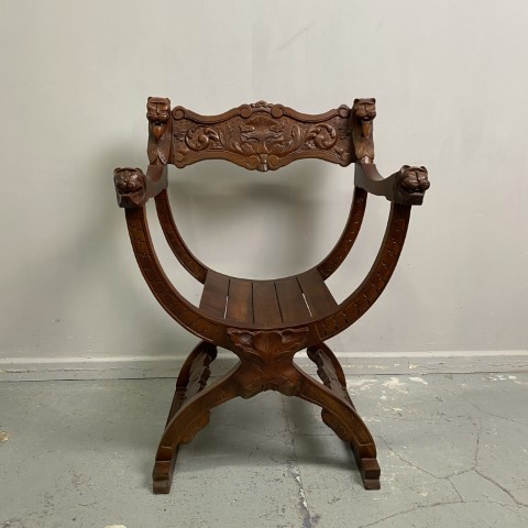 Vintage Italian Savonarola Chair with Carved Lions