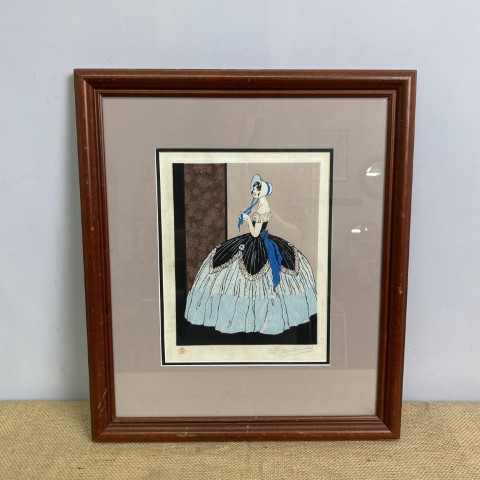 Untitled Woman in Blue Dress by Gilbert Rumbold - framed woodblock print