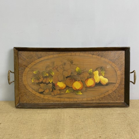 Vintage Folk Art Timber Tray with Pokerwork Fruit Design