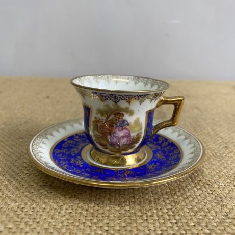 small French Limoges White, Blue & Gold Teacup & Saucer