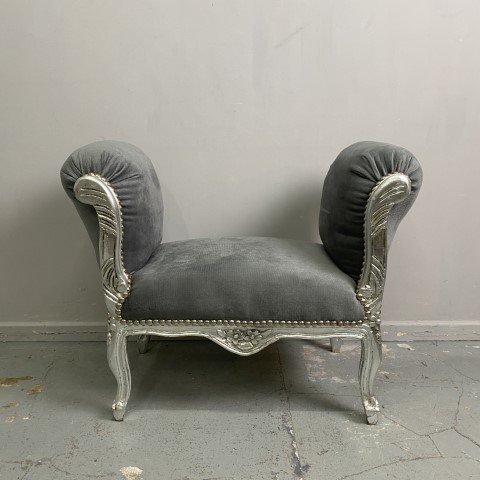 French Style Grey Upholstered Bedroom Stool with Silver Leaf