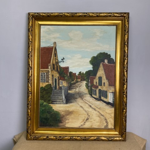 Oil on Canvas Danish Village Scene - E. Rindsig