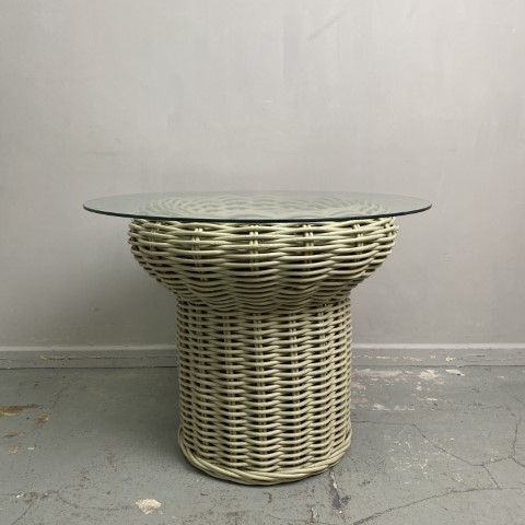 White Round Vintage Cane Side Table with Glass Top