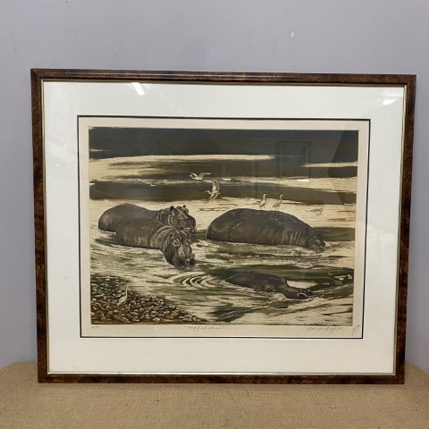 'Hippotami' Artist Proof Etching by Pamela Griffith