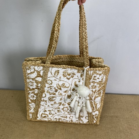 White Pattern Jute Carry Bag