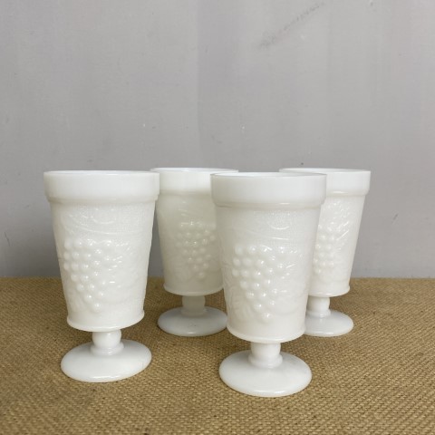 Set of 4 Vintage Milk Glass Goblets (embossed hand of grapes on each)