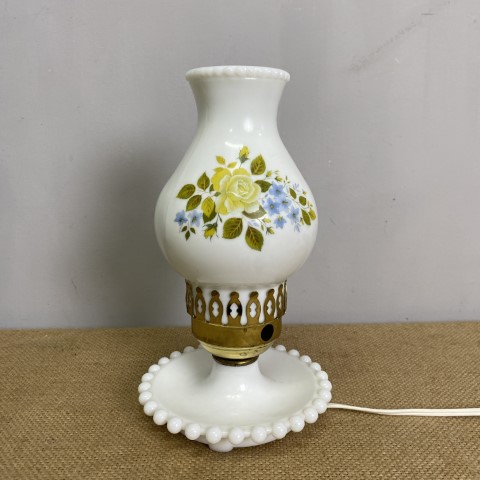 Vintage Milk Glass Table Lamp with floral decoration