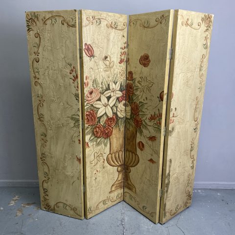 Vintage Italian Stucco Style 4 Panel Hand-Painted Room Divider with image of urn with florals