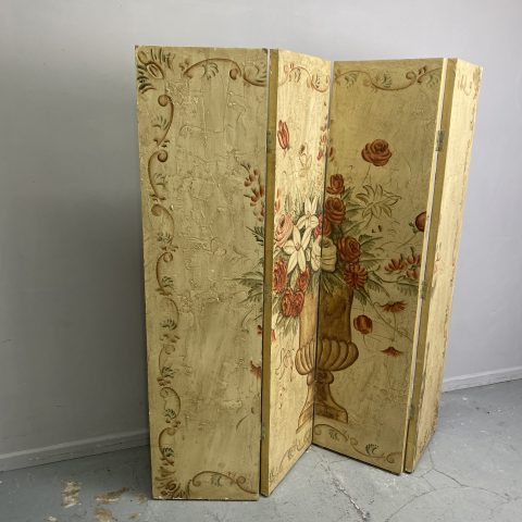 Vintage Italian Stucco Style 4 Panel Hand-Painted Room Divider with image of urn with florals