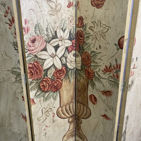 Vintage Italian Stucco Style 4 Panel Hand-Painted Room Divider with image of urn with florals