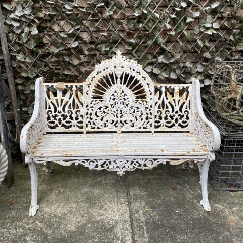 Rare Victorian Cast Iron Garden Bench Painted White with some rust