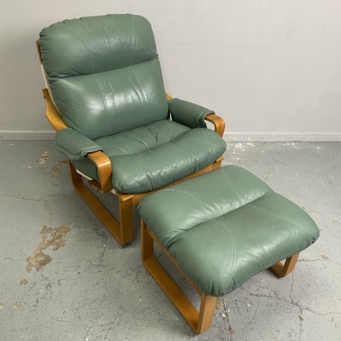 Vintage Green Leather T8 Tessa Armchair with Footstool #1