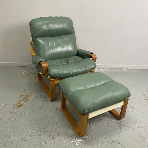 Vintage Green Leather T8 Tessa Armchair with Footstool #2