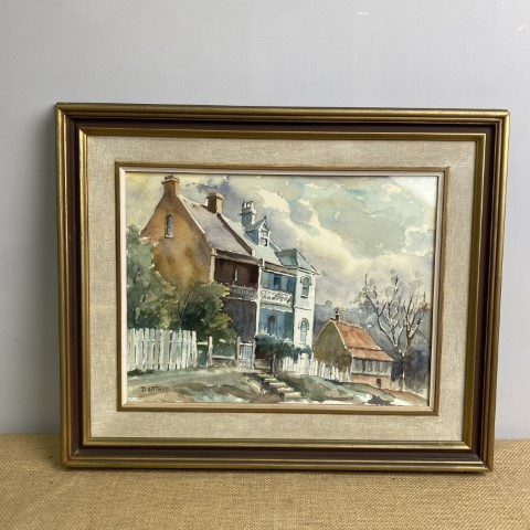 Vintage Framed Watercolour 'Terrace Houses' by D. Arthur