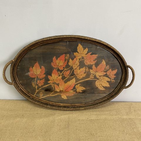 Vintage Oval Pokerwork Tray - autumn leaf design, glass top