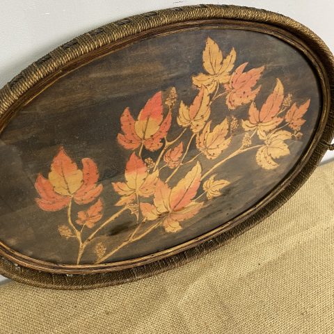 Vintage Oval Pokerwork Tray - autumn leaf design, glass top