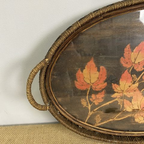 Vintage Oval Pokerwork Tray - autumn leaf design, glass top