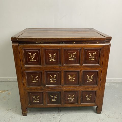 Antique Asian Dowry Storage Chest with Floral Bone Inlay