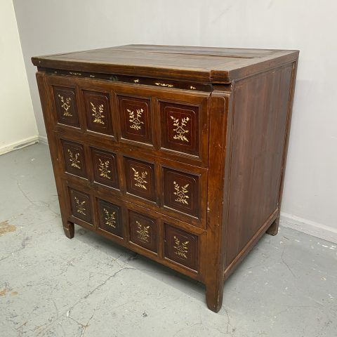 Antique Asian Dowry Storage Chest with Floral Bone Inlay